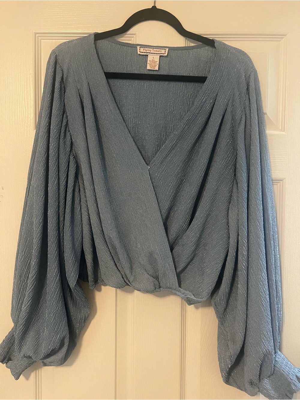 Flying Tomato Blue Draped V-Neck Balloon Sleeve Sweater